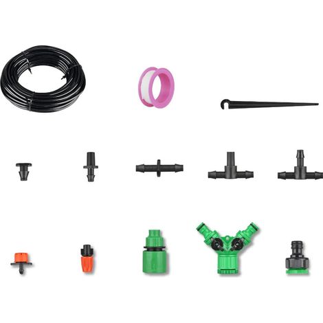 Sistema de riego por goteo (80 piezas) con manguera de 15 metros 1/4” fabricado en ABS y goma (1/4)