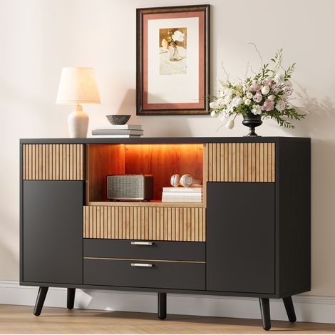 Credenza 130/38/85 cm naturale e nera con 4 cassetti e illuminazione RGB (1/5)