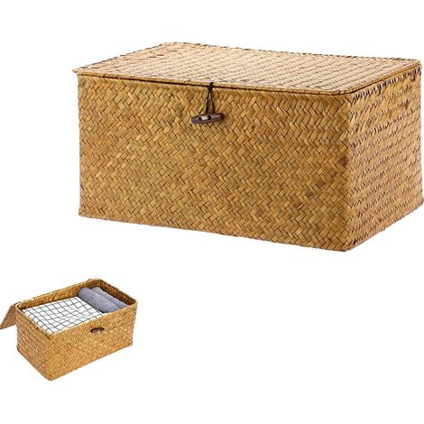 1 Boîte de Rangement en Rotin Tressé avec Couvercle, Panier Carré en Herbe, pour Jouets et Vêtements, Orange