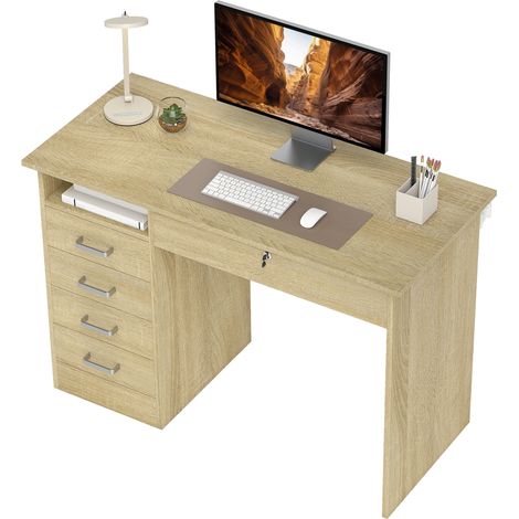 Bureau moderne avec 5 tiroirs, grand plateau, 1 compartiment ouvert, tiroir verrouillable, 110 x 50 x 76cm, chêne (1/5)