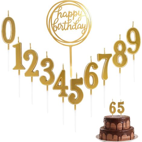 Set mit 10 Zahlenkerzen von 0 bis 9 + Glitzer-Kuchenaufsatz „Happy Birthday“, Gold, für Geburtstage und Hochzeiten (1/5)