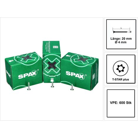 SPAX Flachrückwandkopf Schraube 4,0 x 20 mm 600 Stk. ( 2x 0151010400203 ) Torx T-STAR Plus T20 für Rückwände ohne Linse Vollgewinde Wirox 4Cut
