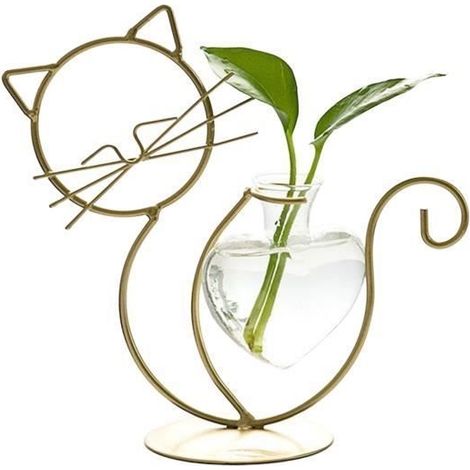 Vase hydroponique Chat - Métal et verre - Noir et or - Dimensions variées (1/4)