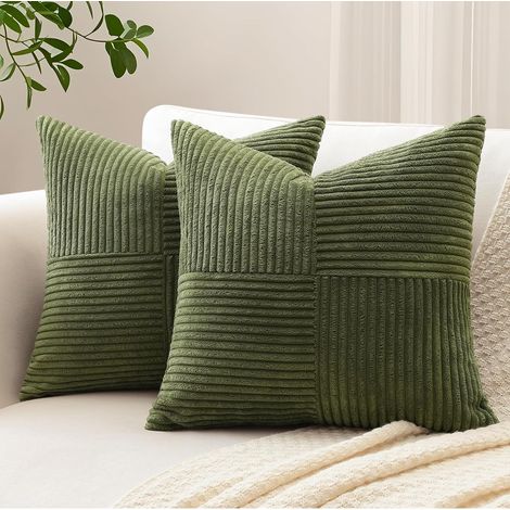 Lot de 2 housses de coussin velours côtelé rayures croisées 40x40 vert olive (1/5)