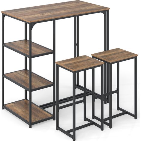 Ensemble de table haute marron rustique 3 pièces avec 2 tabourets, 3 étagères et repose-pieds pour cuisine, salon et studio (1/5)