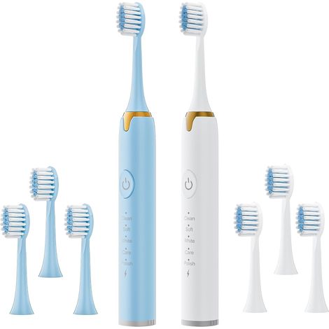Brosse à dents électrique Dnil pour adultes, lot de 2 brosses à dents électriques, comprenant 6 têtes de brosse de rechange et 5 modes de nettoyage (bleu + blanc)-AquaForge