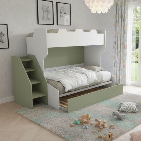 Letto a castello 3 posti con terzo letto estraibile e scaletta contenitore - Una piazza e mezza - Bianco e Salvia