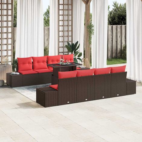 Teenpull – Gartensofa-set mit Kissen 9 pcs Braun und Rot Poly-Rattan (1/5)