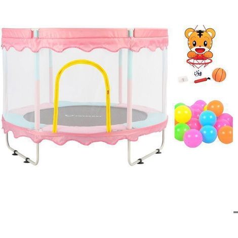 FOXSPORT Trampolino per bambini, 150×150×110cm, Dotato di un canestro e palline di plastica, Cuscino rimbalzante – carico 100 kg - Rosa