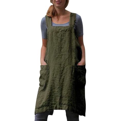 Robe tablier femme – Bretelles croisées dans le dos – Avec poches – Mélange coton et lin – Coupe grande taille (1/4)