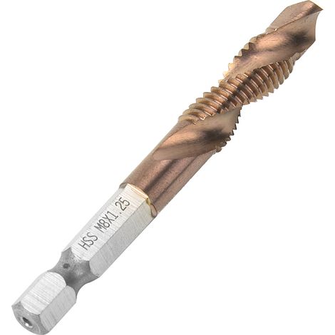 Foret taraud HSS 6,35mm queue hexagonale, taraud combiné pour évacuation interne des copeaux, filetage M8, outil acier rapide pour perçage et taraudage précis. (1/5)