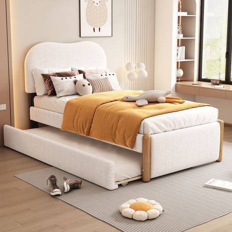 Lit simple 90x200 avec lit gigogne rembourré blanc OKMYHOME (1/5)