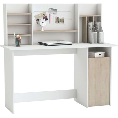 Mesa de Ordenador Escritorio con altillo 135cm. Blanco y Roble. para habitación Juvenil, Estudio, despacho. (1/5)