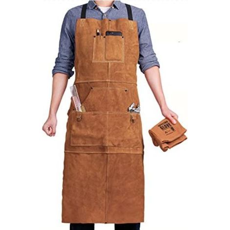 Tablier de Soudeur avec 6 Poches, Tablier de Travail en Cuir Anti-Chaleur Ignifuge, Tablier de Menuisier pour Homme Réglable de M à XXXL, Parfait pour Forgeron, Mecanicien, Atelier (1/4)
