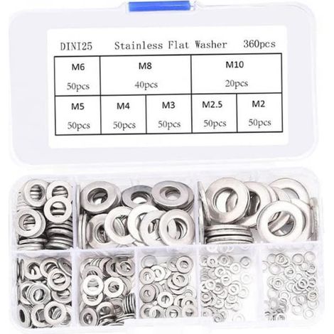 Rondelle - Acier Inoxydable 304 - Pour Vis et Écrous - 360 Pièces - 8 Diamètres (M2 à M10) - Boîte de Tri (1/5)
