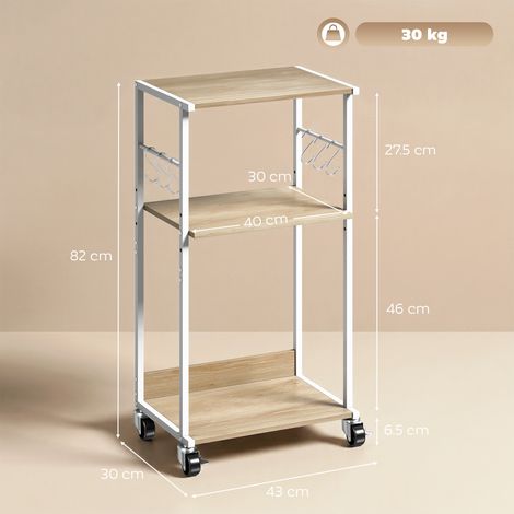 Support d'imprimante à trois niveaux avec roulettes et crochets, table basse moderne, couleur naturelle. (1/5)