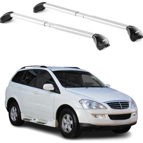 OMAC Barres de toit transversales certifiées TÜV pour Ssangyong Kyron 2005-2015 – Verrouillables (4 antivols) – Charge max 100 kg – Sangle inox + protection caoutchouc Argent (1/4)