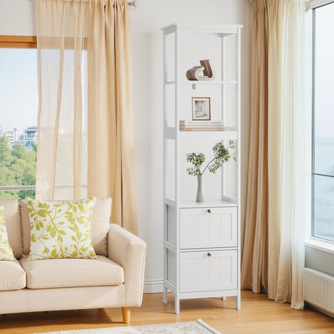 Badezimmerschrank freistehend MDF/Spanplatte Weiß 40 cm mit 2 Schubladen und 3 offenen Fächern