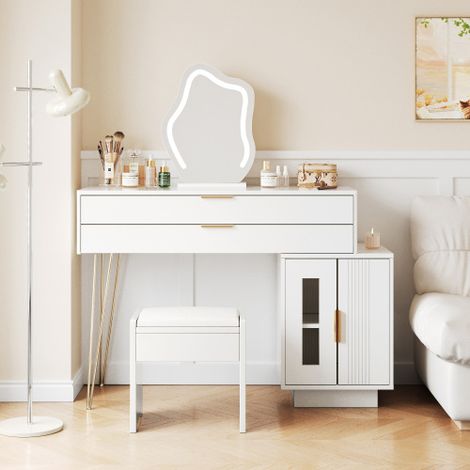 Table de beauté avec miroir éclairé à LED, Set de table de beauté blanche avec design amovible, table de beauté moderne pour la chambre à coucher - Dimensions:B100/H78/T40 cm (1/5)