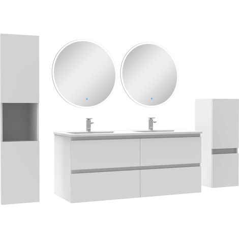 Ensemble meubles Salle de Bain 120cm double vasque + colonne + miroir rond mural Blanc