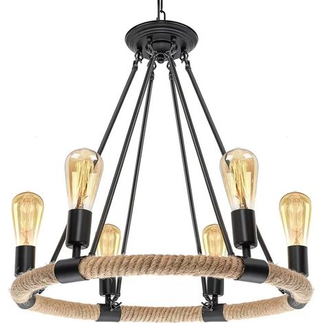Lampadario Rotondo Rustico In Canapa E Metallo Portalampada E27 Industriale A20 (1/4)