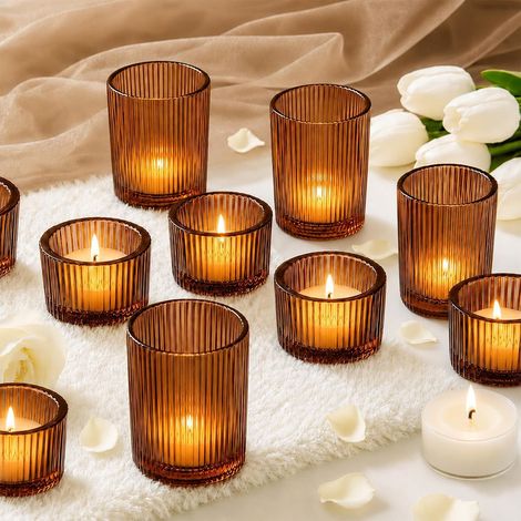 Lot de 12 photophores en verre nervuré marron pour centre de table, décoration d'intérieur, mariage, Noël, fête d'anniversaire (1/5)