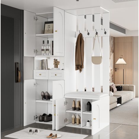 Set guardaroba da ingresso con panca scarpiera, 4 ganci, 2 cassetti, bianco 110x37x180 cm (1/5)