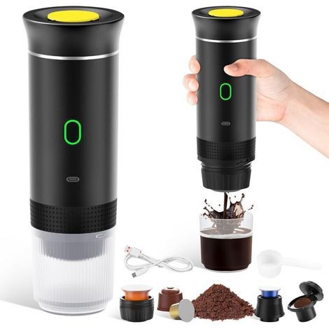 Cafetière Portable 3 en 1,Rechargeable Cafetière Portable de Voyage,12V Machine a Cafe pour Capsule,Café Moulu,pour Camping,Voyage,Bureau,Voiture,Maison, Noir (1/5)
