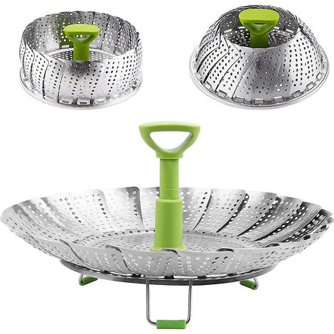 Panier vapeur pour légumes, cuiseur vapeur pliable en acier inoxydable avec poignée centrale amovible et extensible (1/3)