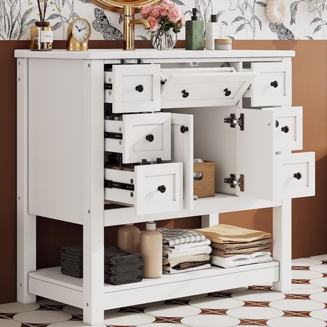 Mueble de baño 91,5x46,5x90 cm en MDF blanco con lavabo de cerámica (1/5)