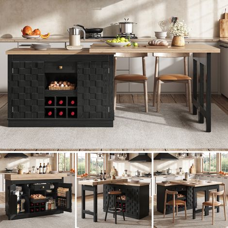 Isola cucina girevole a 360° con mobile laterale, 120–197 cm, con ante a patchwork, portabottiglie removibile e cassetti, 2 colori (rovere chiaro / nero) (1/5)