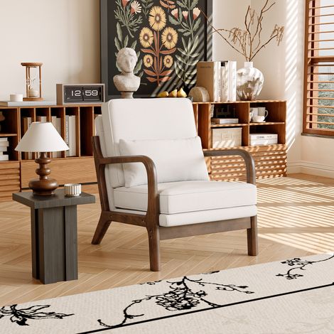 Loungesessel aus Leinenmaterial mit bequemem Sitzkissen und Armlehnen, Struktur aus Gummiholz, Wohnzimmersessel im skandinavischen Stil, Beige (1/5)