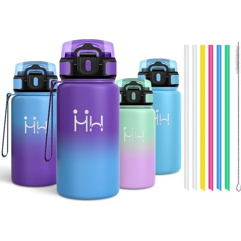 Gourde Inox 500ml, Gourde Isotherme avec six Pailles et 1 Brosse à épong, Étanche et sans BPA, Double Paroi Isolante, Bouteille D'eau - Lilas velours (1/5)