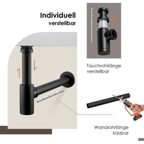 Siphon - 1 1/4 Pouces - Ø 32 Mm - Tube Extension 200 Mm - Pour Lavabo - Laiton Massif - Noir Mat Chromé - 1 Pièce (1/4)