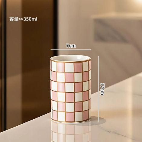 (F) Flacon de lotion cylindrique en céramique de luxe avec motif quadrillé, gobelet de rinçage, accessoires de salle de bain, distributeur de savon portable, flacon de lotion (1/5)