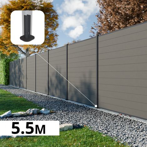 Kit Clôture Composite RIO Platines 5,5x1,8m - Bois composite & Aluminium - Poteaux sur Platines Gris - Brise vue