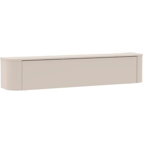 Meuble TV porte abattante suspendu ou à poser au sol finition laqué beige design coins arrondis - LYNA