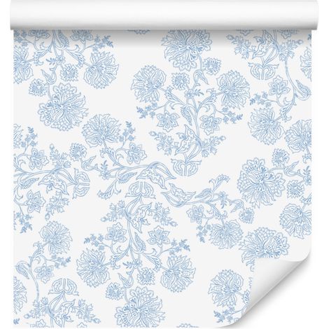 Carta da parati con fiori bianchi e azzurri per soggiorno e camera da letto 50x1000 cm (1/5)