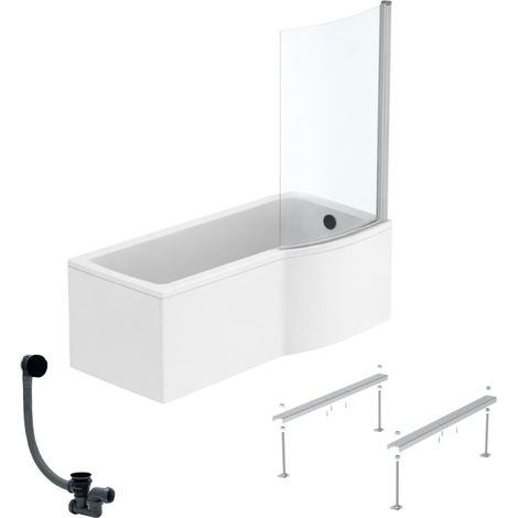 IDEAL STANDARD Connect Air 170 x 80 cm, conjunto para bañera/ducha derecha + delantal + mampara fija + patas + desagüe, negro mate.
