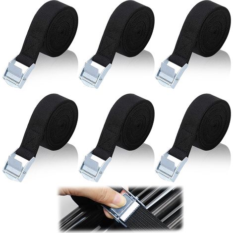 6 Pièces Sangles D'arrimage, 2M x 20mm Sangle à Cliquet avec Boucle, Charge maximale 250 kg, Antirouille Réglable Sangle Arrimage Sangle de Serrage pour Moto/Voiture/Porte Vélo/Bagage(Noir) (1/5)