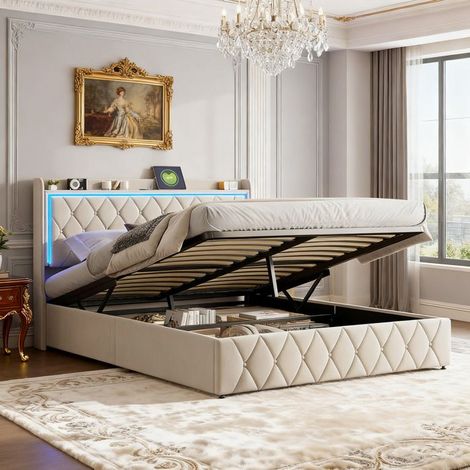 Lit 140x190 cm avec LED et USB - CWXL - lit coffre 140x190 avec sommier à lattes - cadre de lit adulte - tissu en velours - beige (1/5)