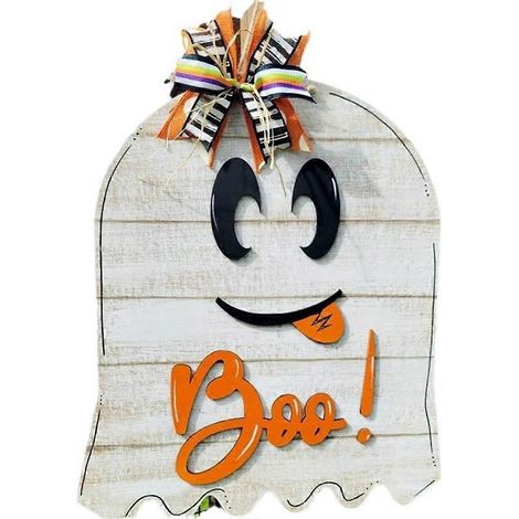 Panneau de bienvenue fantôme d'Halloween, mignon panneau de porte en bois avec motif « Boo » pour la décoration de la porte d'entrée, du porche et de l'extérieur (1/5)