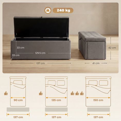 Banc en velours avec rangement, capacité de 140 litres, assise large et rembourrée, capacité de charge de 240 kg, convient pour une chambre, un salon ou une entrée, gris. (1/5)