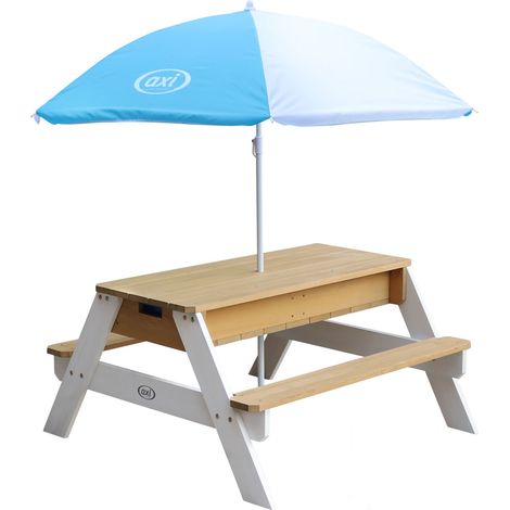 Axi Nick Table Sable Et Eau / Pique Nique Avec Parasol En Bois Marron Et Blanc 95 X 97 X 48 Cm Avec Couvercle, Boîtes De Rangement & Parasol Extérieur Pour Le Jardin