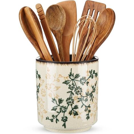 Porte-couverts en céramique – 14 cm – Imprimé floral – Design rustique – Plan de travail et cuisine (1/5)