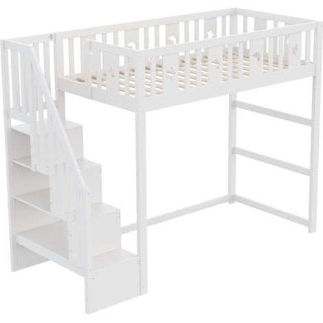 Kinder-Hochbett 90 x 200 mit Treppe, Holz, Weiß, Sterne- und Mondmotive (1/5)