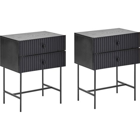 Set of 2 Bedside Tables Black Particle Board MDF 2 Drawer Modern Storage Unit Nightstand Bedroom COVENTRY (1/5)