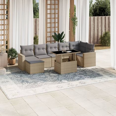 Gartentisch -  8-tlg. Garten-Sofagarnitur mit Kissen Beige Poly Rattan (1/5)