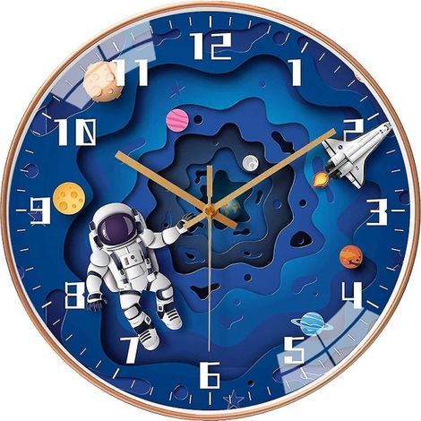 Horloge murale pour chambre d'enfant, salon paisible, thème planète univers créatif, horloge astronaute, horloge spatiale, horloge murale, horloge simple (1/5)