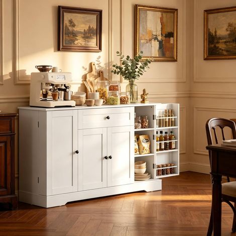 Aparador de cocina 140 x 40 x 80 cm blanco con cajón, 4 puertas, baldas regulables DESVIAE (1/5)